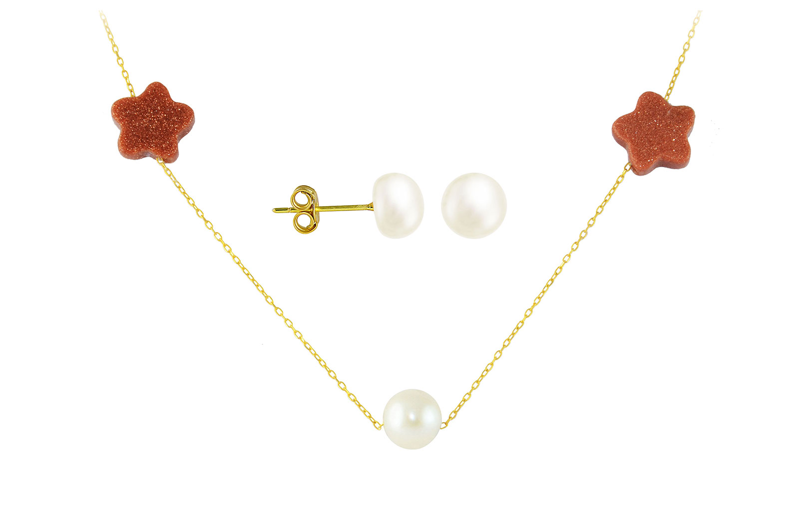  Vera Perla 10K  Solid Gold Star Sunstones and Pearl Necklace+ 10K Gold 7mm Pearl Earrings 