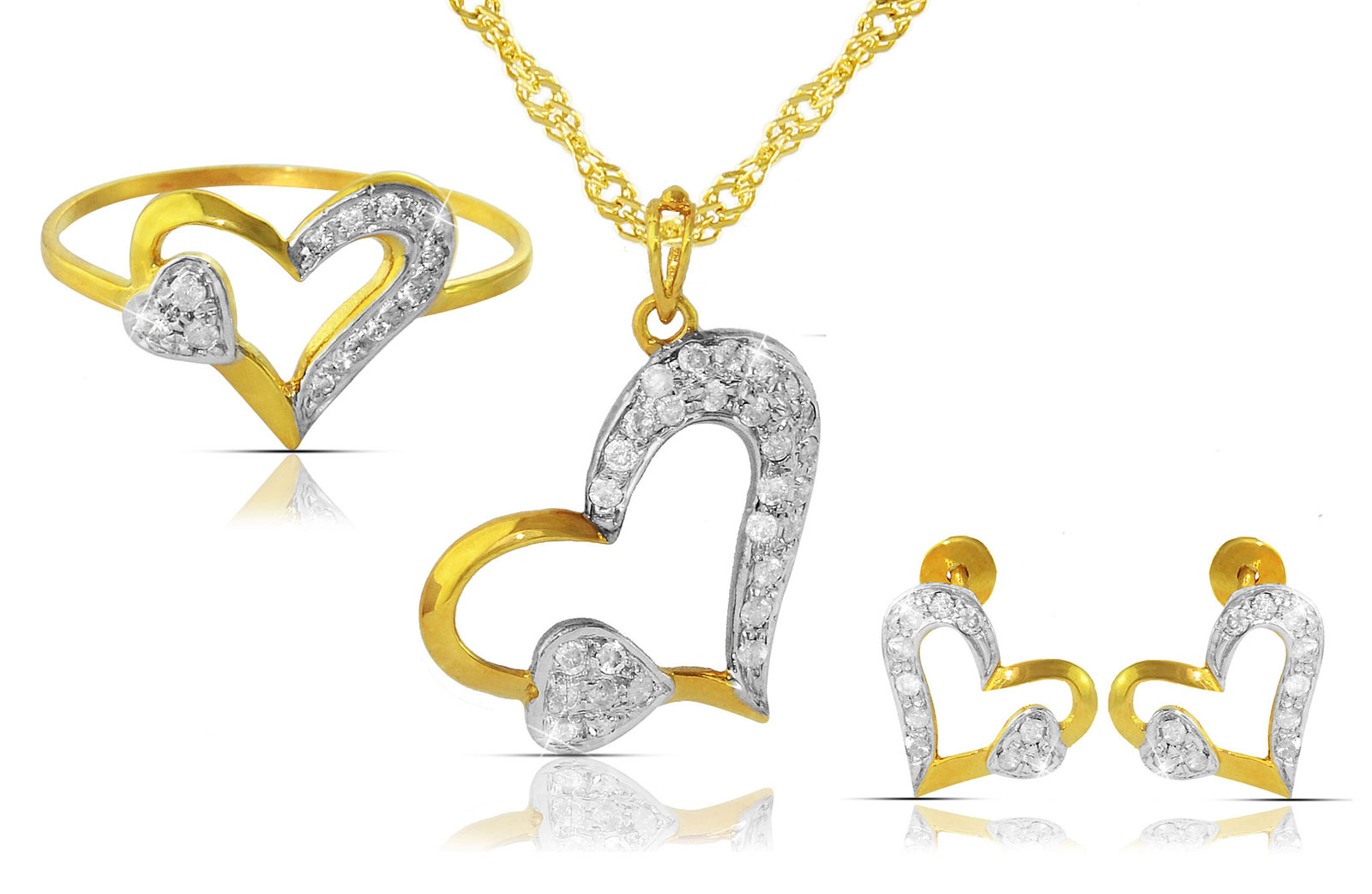 Vera Perla  18K Solid Yellow Gold 0.64Ct Genuine Diamonds  Big Heart Holds Small Heart Necklace, Earrings and Ring Set