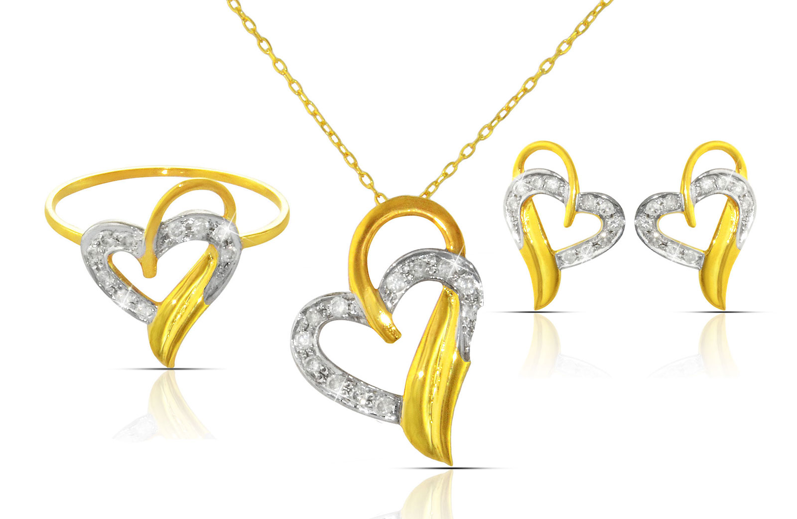 Vera Perla  18K Solid Yellow Gold 0.48Ct Genuine Diamonds Overlapped Heart Necklace, Earrings and Ring Set