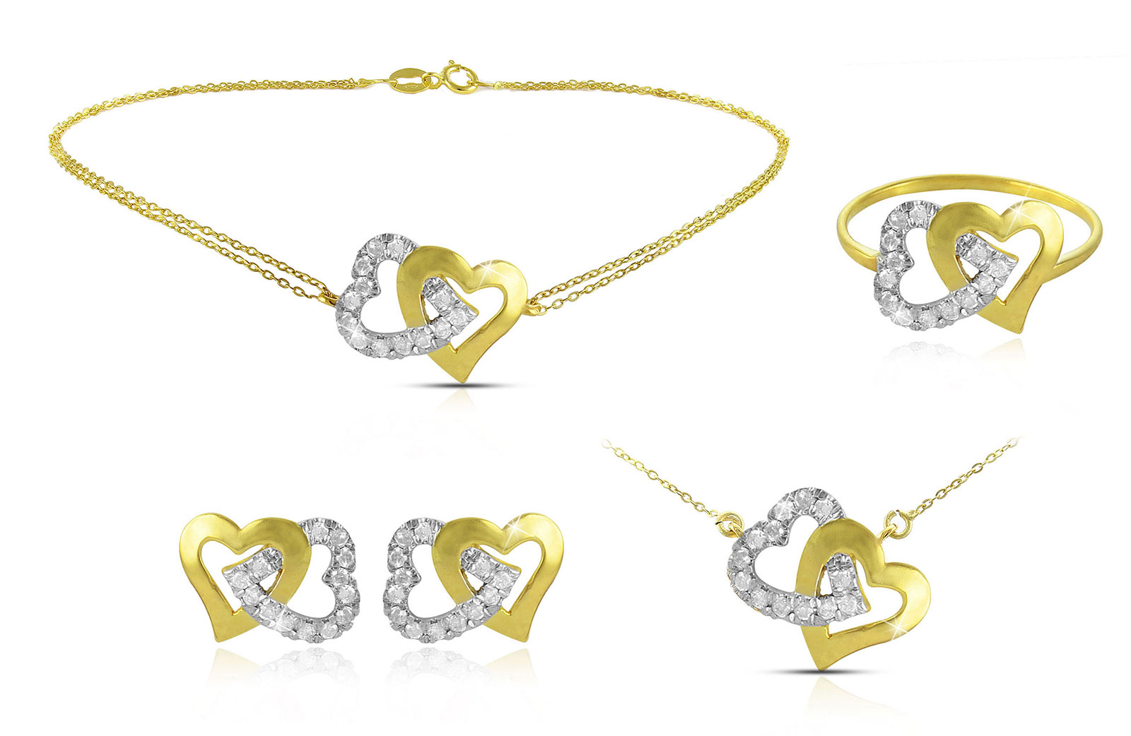 Vera Perla  18K Solid Gold and 0.11Cts Diamonds Interlocking Hearts Necklace, Bracelet, Earrings, Ring 