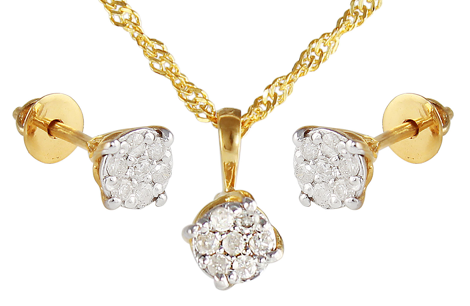 Vera Perla 18K Solid Yellow Gold 0.21Cts Genuine Diamonds Twisted Solitaire Necklace +Earrings Set