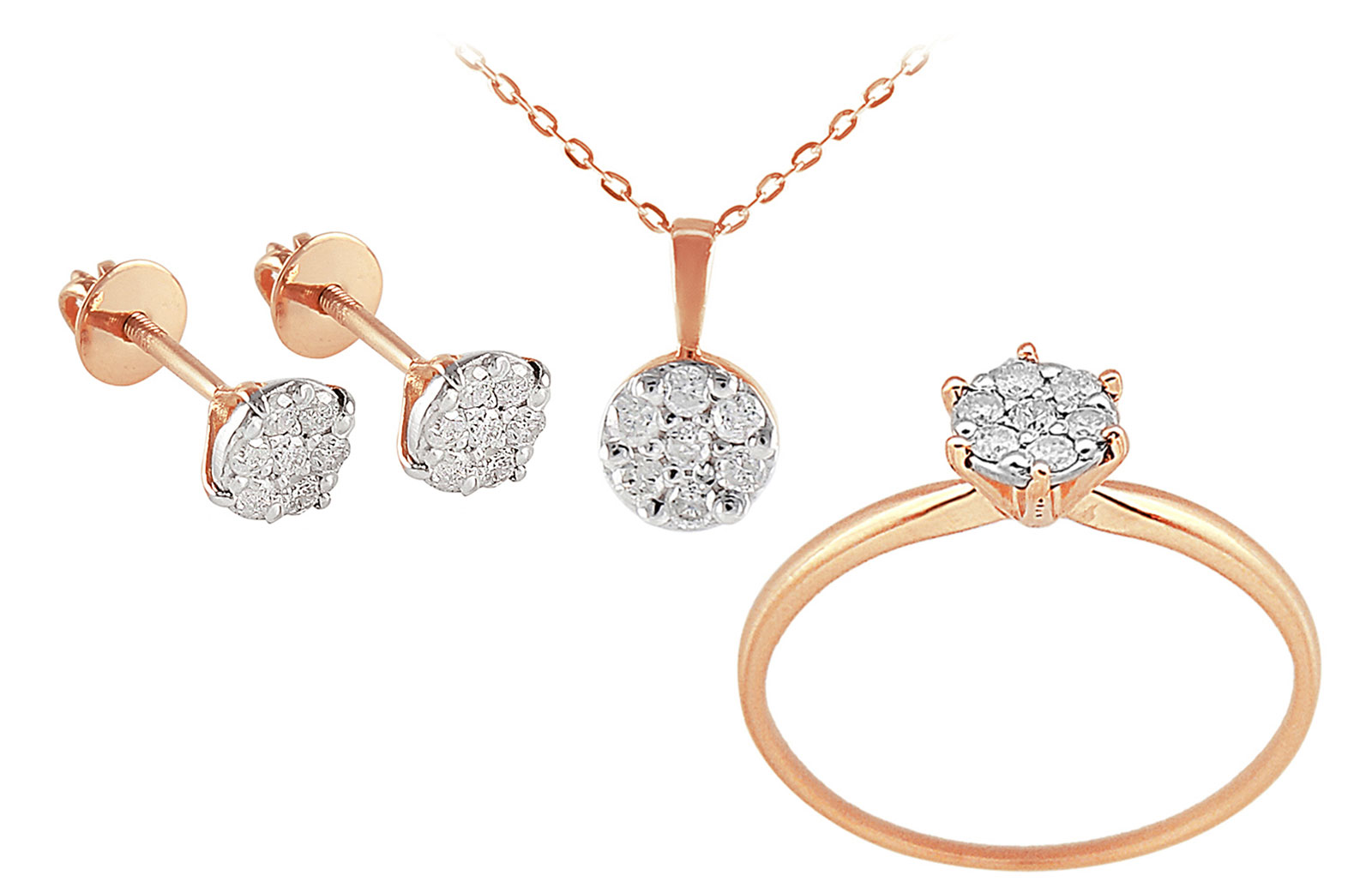 Vera Perla 18k Rose Solid Gold Diamonds Solitaire Earrings, Ring and Necklace Set