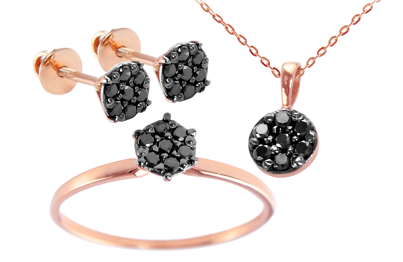 Vera Perla 18k Rose and Black Gold Black Diamonds Solitaire Earrings, Ring and Necklace Set