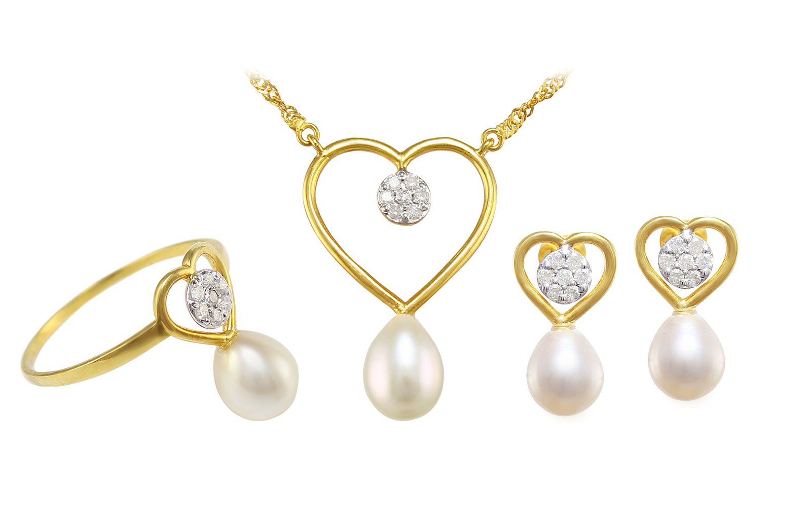 Vera Perla 18k Solid Gold Diamonds 7mm Pearls Solitaire Heart Earrings, Ring and Necklace Set