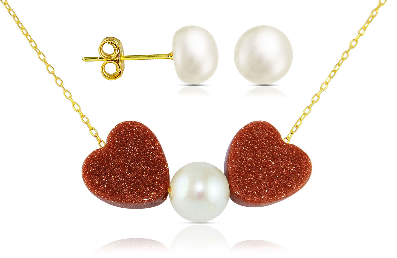 Vera Perla 18K Solid Gold Heart Sunstones and Pearl Necklace+ 18K Gold 7mm Pearl Earrings 