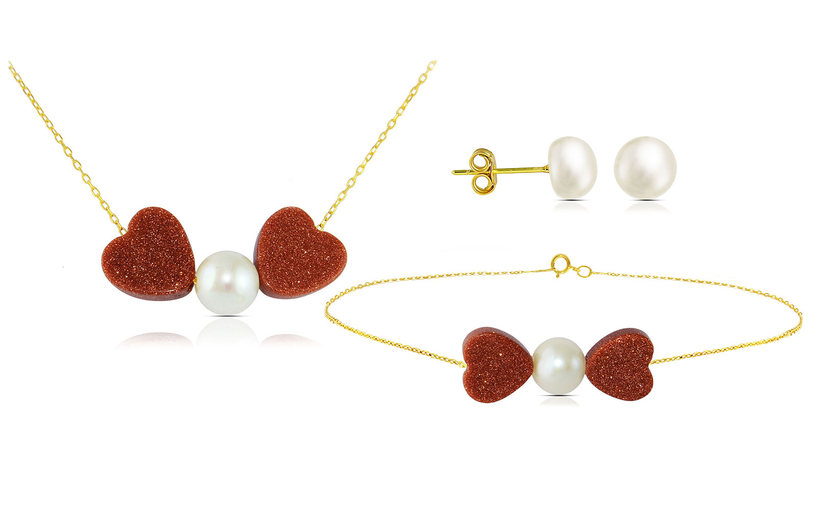 Vera Perla  18K Solid Gold Heart Sunstones and Pearl Necklace and Bracelet + 18K Gold 7mm Pearl Earrings 