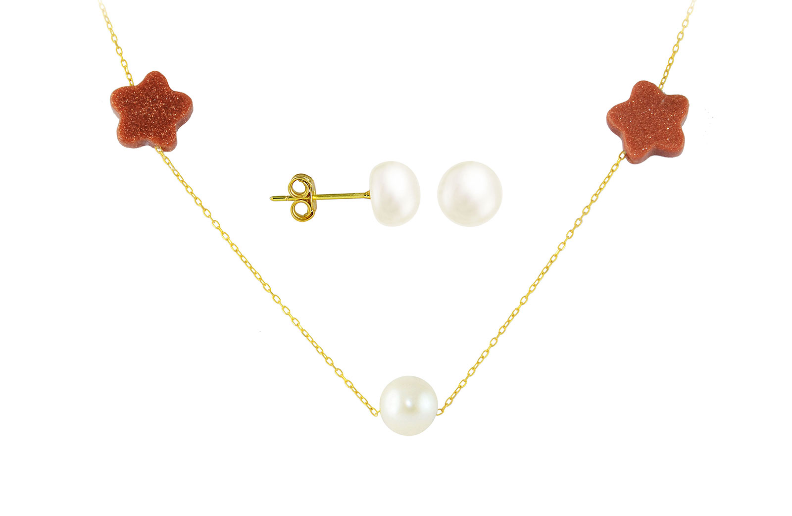 Vera Perla  18K Solid Gold Star Sunstones and Pearl Necklace+ 18K Gold 7mm Pearl Earrings 