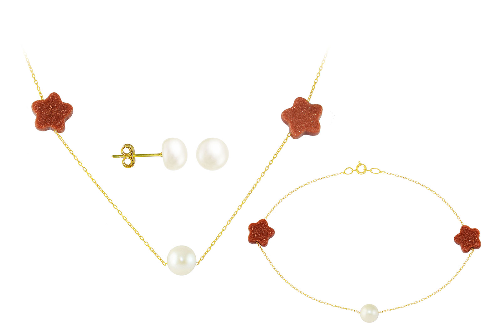 Vera Perla  18K Solid Gold Star Sunstones and Pearl Necklace and Bracelet + 18K Gold 7mm Pearl Earrings 