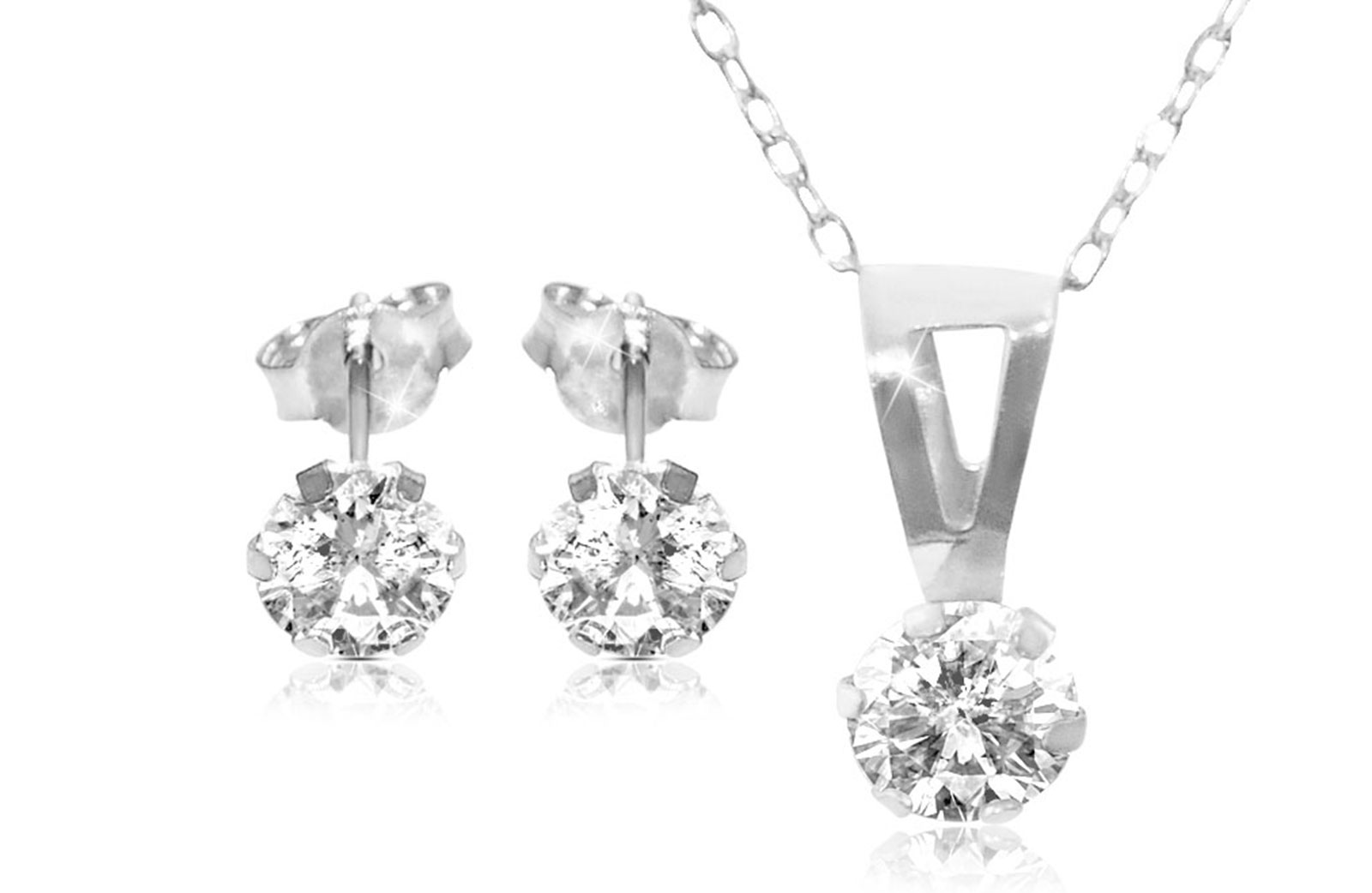 Vera Perla 18K Solid White Gold and Cubic Zircon Solitaire Necklace and Earrings