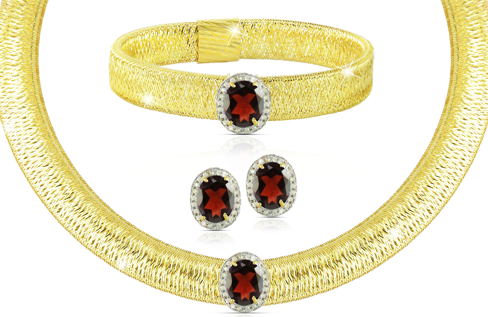 Vera Perla 18K  Gold 0.52Cts Genuine Diamonds and 10mm Genuine Garnets Necklace, Bracelet and earrings Set 