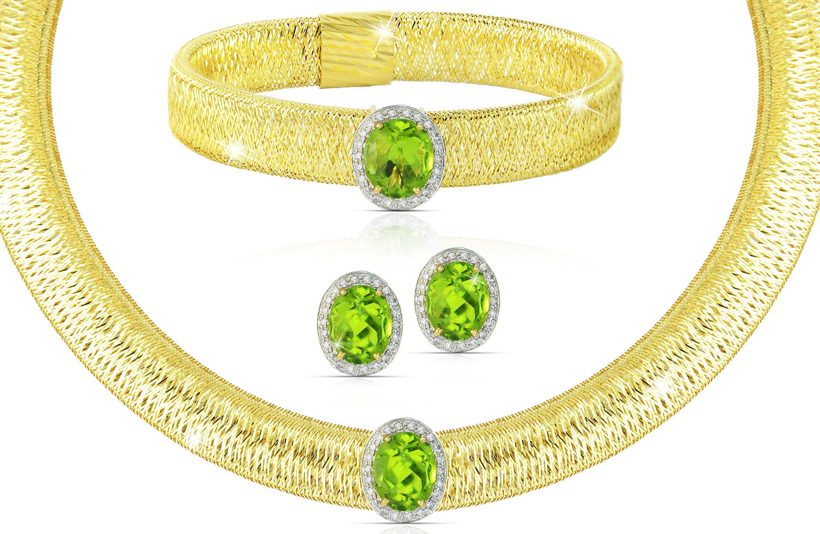 Vera Perla 18K  Gold 0.52Cts Genuine Diamonds and 10mm Genuine Peridots Necklace, Bracelet and earrings Set 