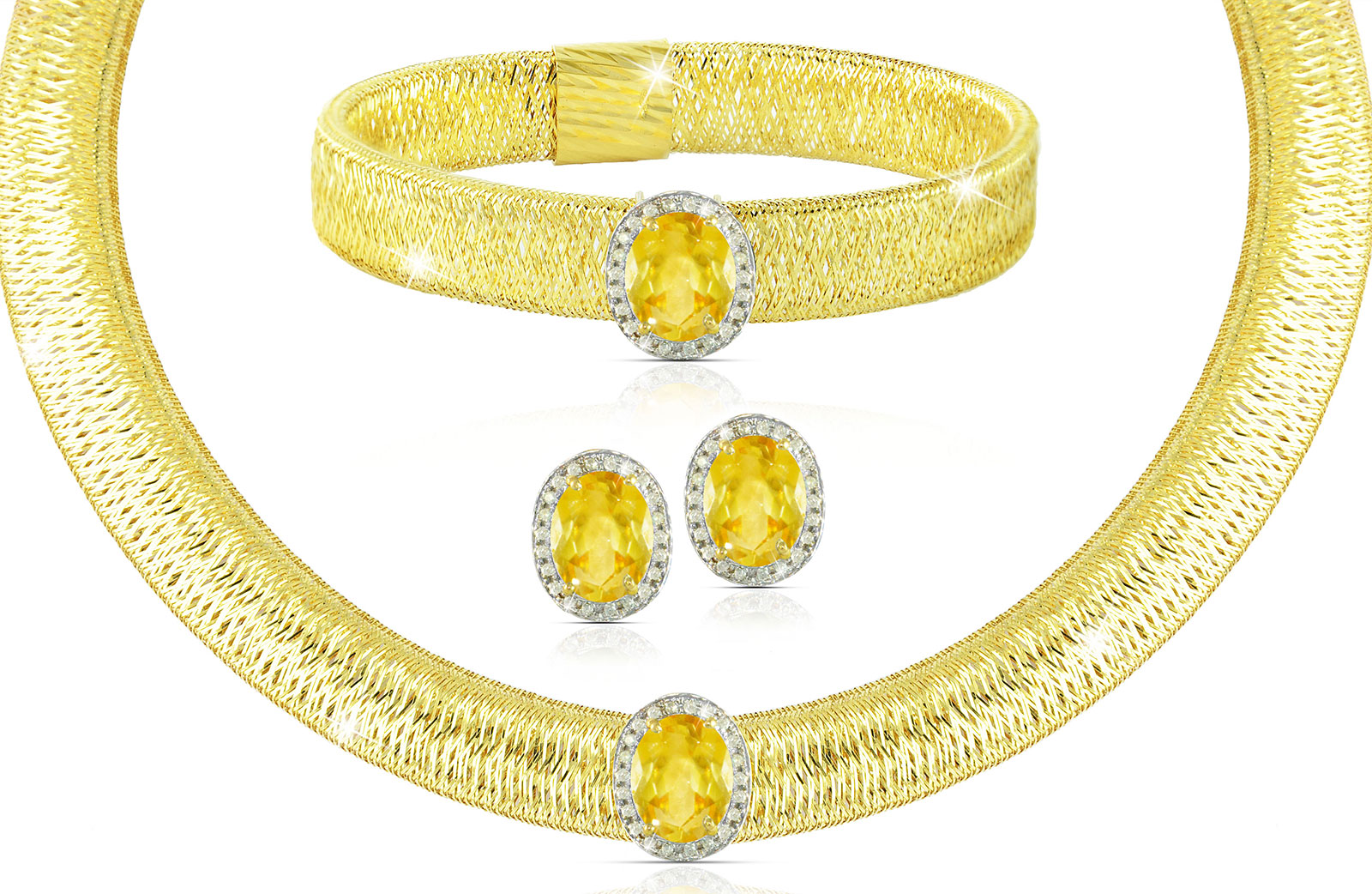 Vera Perla 18K  Gold 0.52Cts Genuine Diamonds and 10mm Genuine Citrines Necklace, Bracelet and earrings Set 