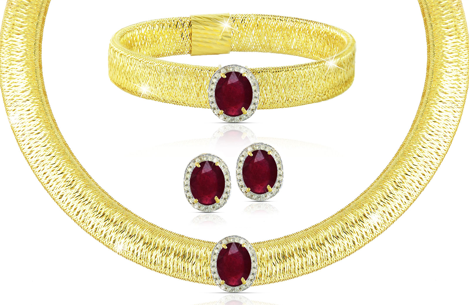 Vera Perla 18K  Gold 0.52Cts Genuine Diamonds and 10mm Genuine Rubys Necklace, Bracelet and earrings Set 