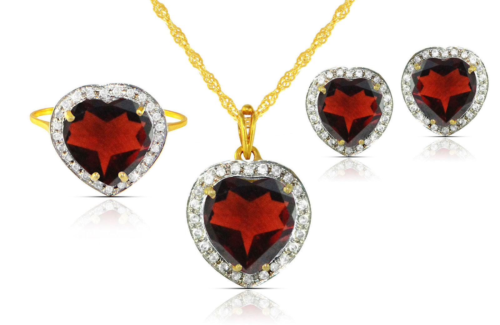 Vera Perla 18k  Gold 10mm Genuine Heart  Cut Garnet 0.56Ct Genuine Diamonds Jewelry Set