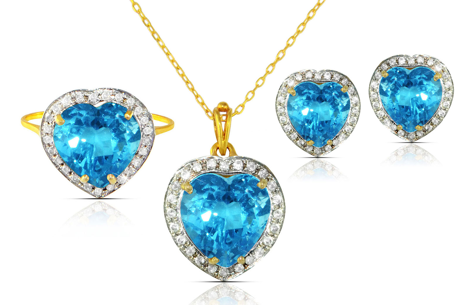 Vera Perla 18k  Gold 10mm Genuine Heart  Cut Swiss Blue Topaz 0.56Ct Genuine Diamonds Jewelry Set