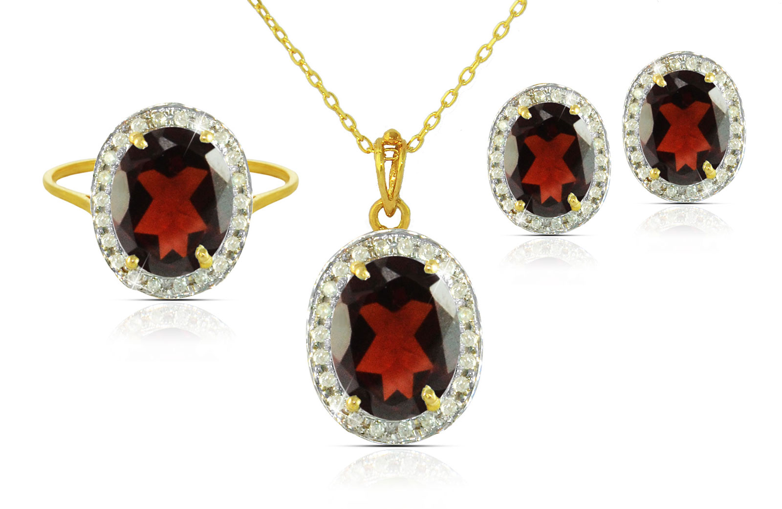 Vera Perla 18k  Gold 10mm Genuine Oval  Cut Garnet 0.48Ct  Genuine Diamonds Jewelry Set