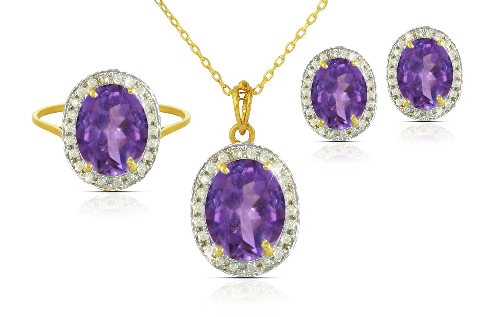 Vera Perla 18k  Gold 10mm Genuine Oval  Cut Amethyst 0.48Ct  Genuine Diamonds Jewelry Set