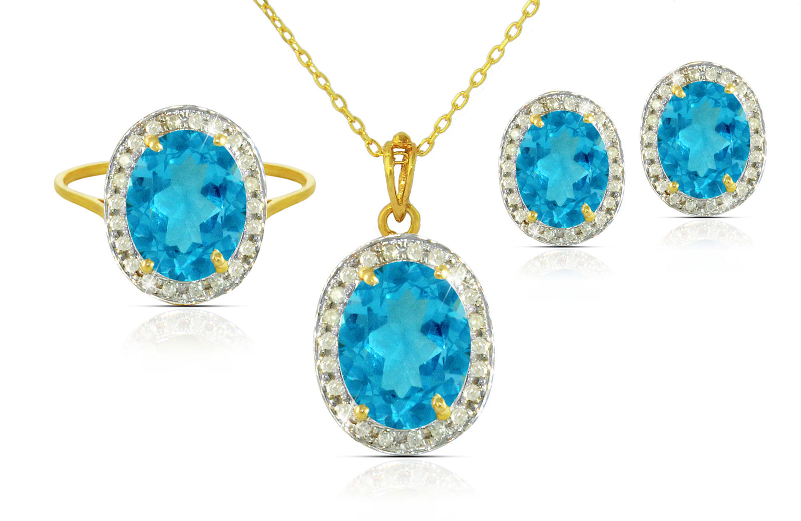 Vera Perla 18k  Gold 10mm Genuine Oval  Cut Swiss Blue Topaz 0.48Ct  Genuine Diamonds Jewelry Set