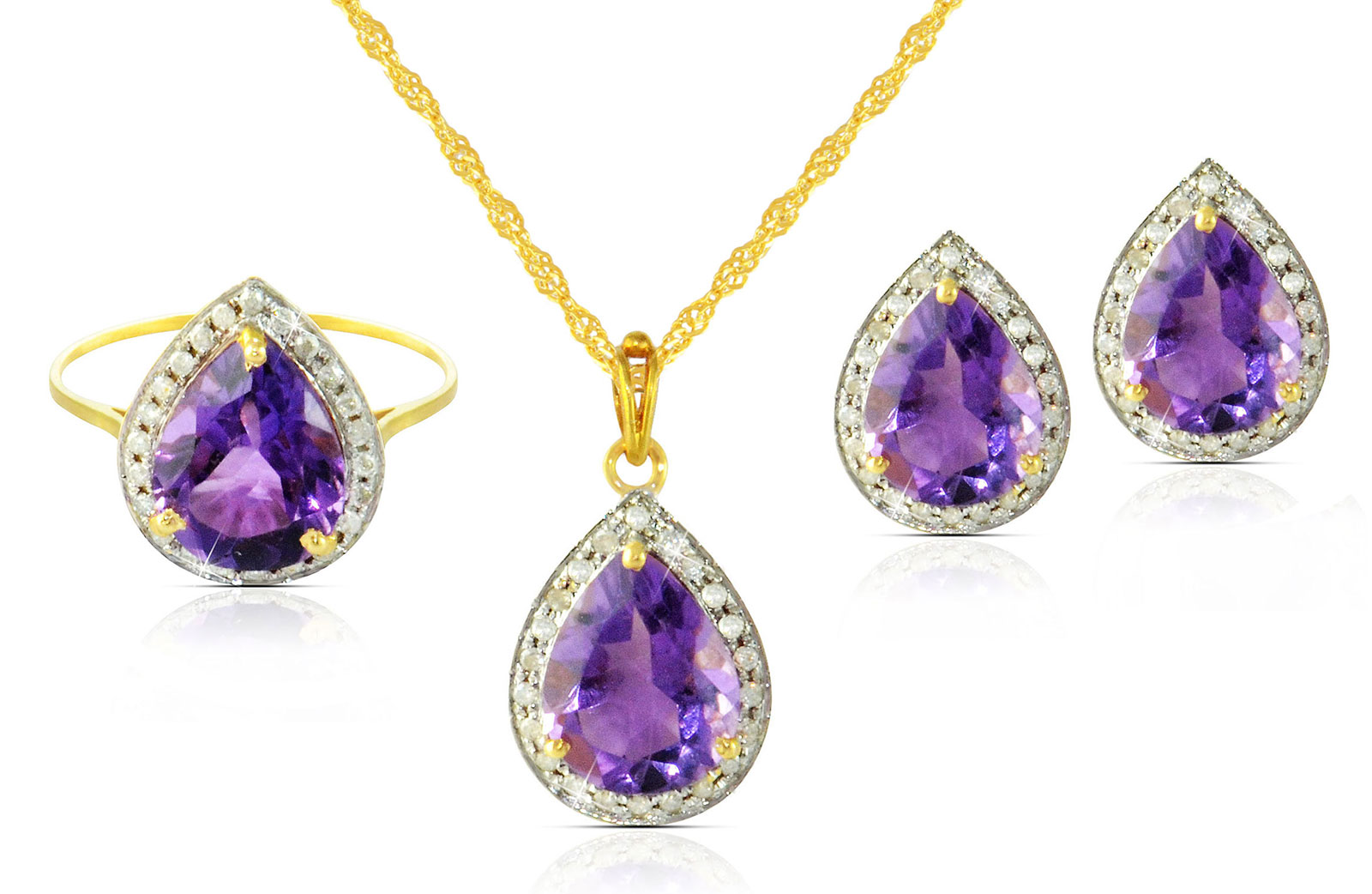 Vera Perla 18k  Gold 10mm Genuine Drop  Cut Amethyst 0.48Ct Genuine Diamonds Jewelry Set