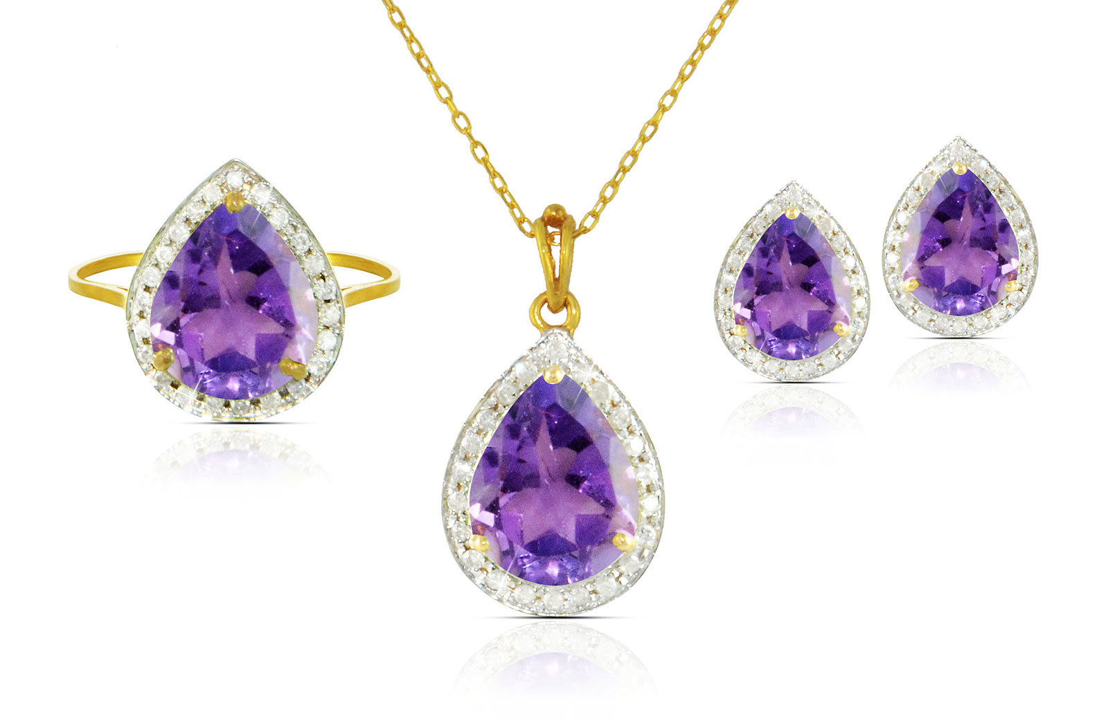 Vera Perla 18k  Gold 10mm Genuine Drop  Cut Amethyst 0.48Ct Genuine Diamonds Jewelry Set