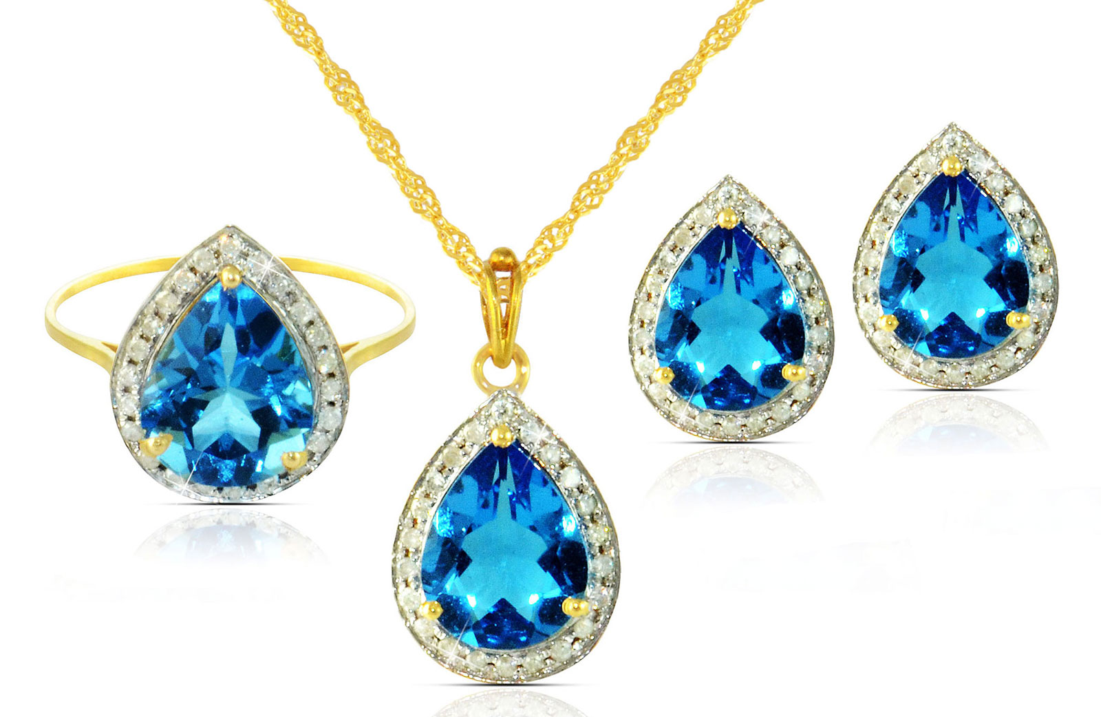 Vera Perla 18k  Gold 10mm Genuine Drop  Cut Swiss Blue Topaz 0.48Ct Genuine Diamonds Jewelry Set