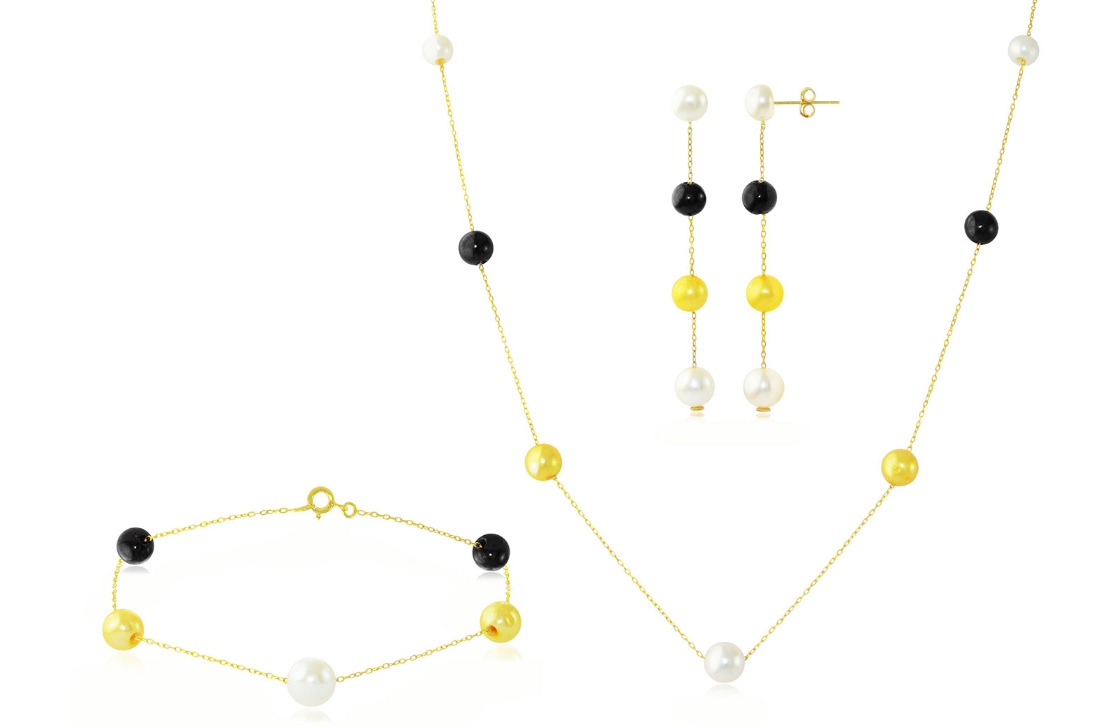 Vp Jewels 18K Solid Gold 5-7MM Gradual  Built-in  Golden-Yelow, White and Black  Pearl Necklace,  earrings,  Bracelet Set