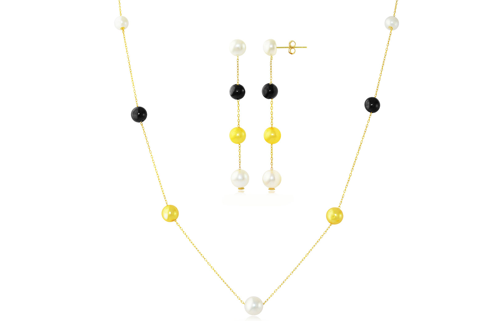 Vp Jewels 18K Solid Gold 5-7MM Gradual  Built-in Gold- Yellow Pearl Necklace and earrings Set