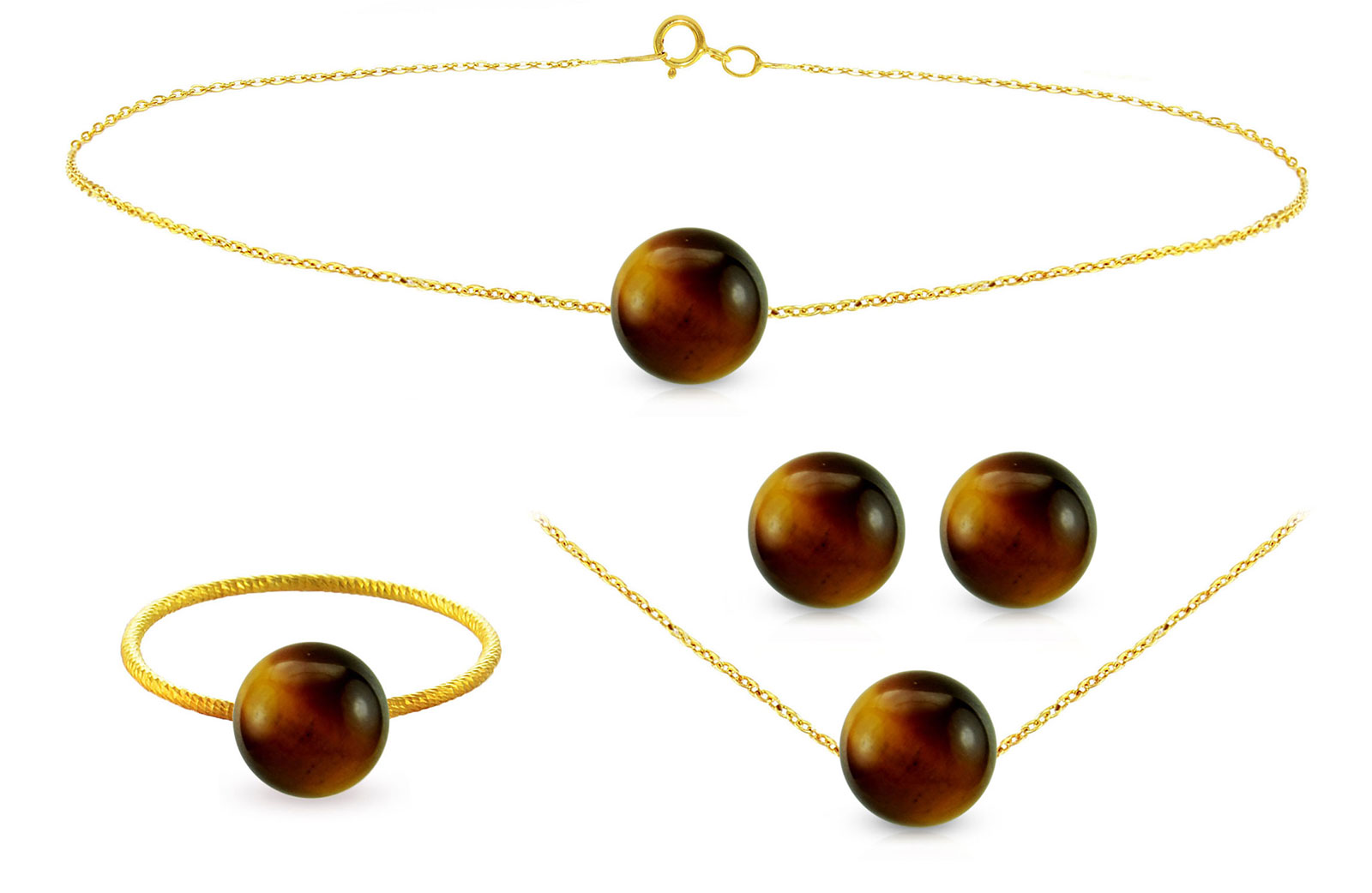 Vera Perla 10k Gold Simple 7mm Tiger Eye 4 pcs Jewelry Set