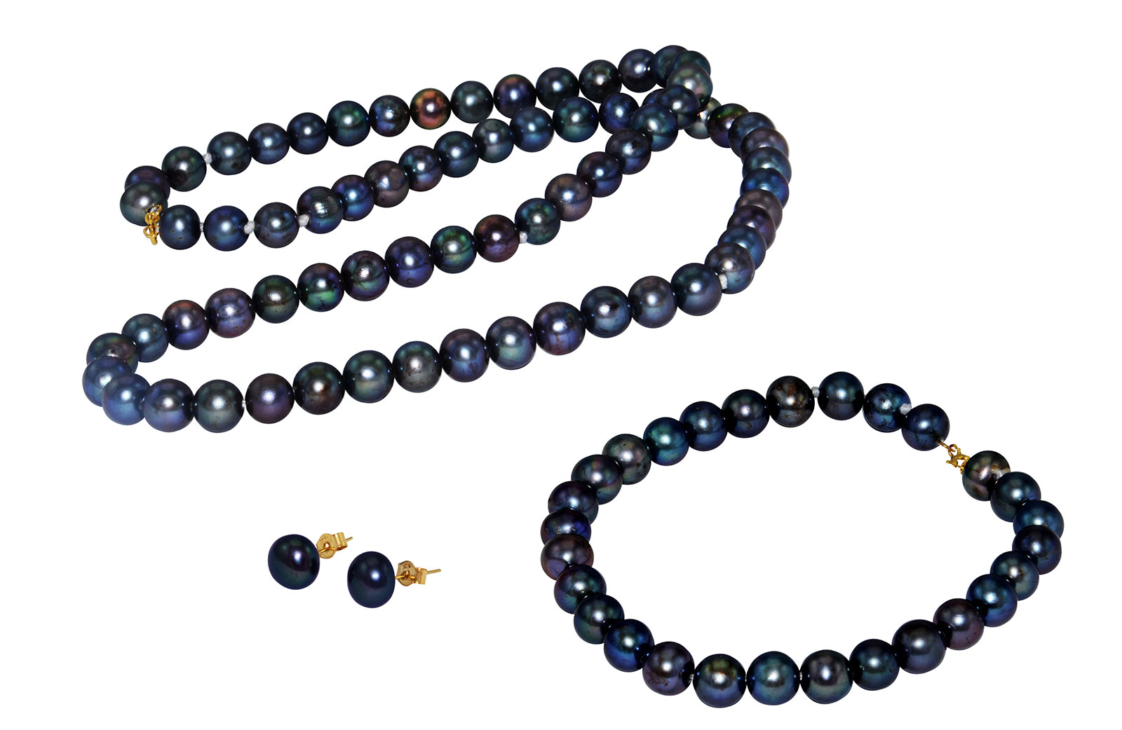 Vera Perla 10k Gold  6-7mm Black Pearl Strand Jewelry Set