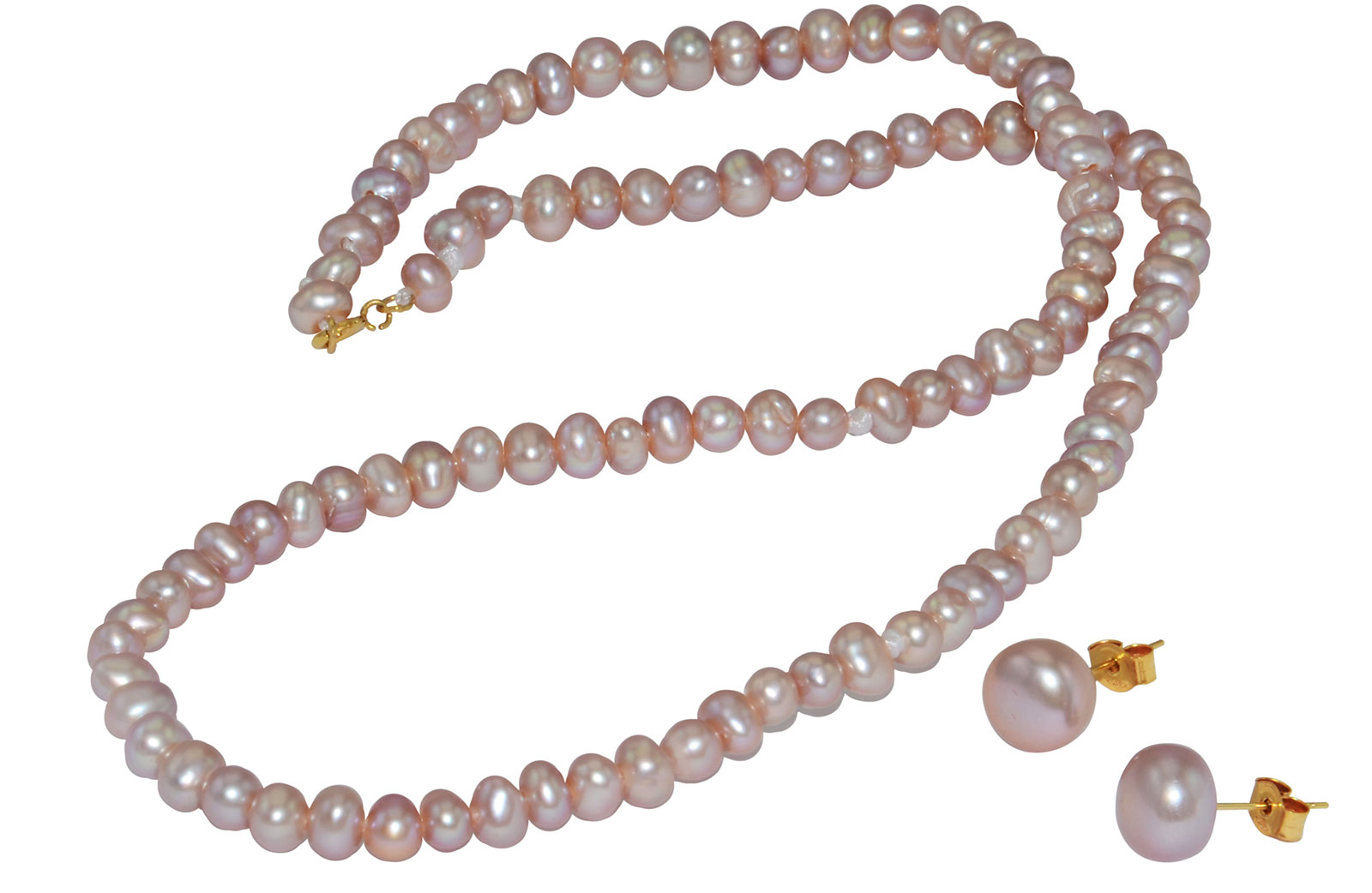 Vera Perla 10k Gold  3mm Purple Pearl Strand Necklace & 7mm Earrings