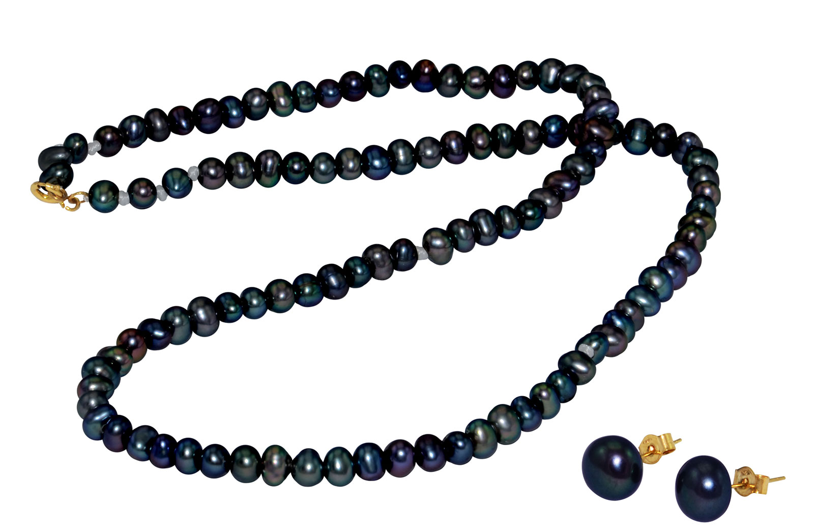 Vera Perla 10k Gold  3mm Black Pearl Strand Necklace & 7mm Earrings