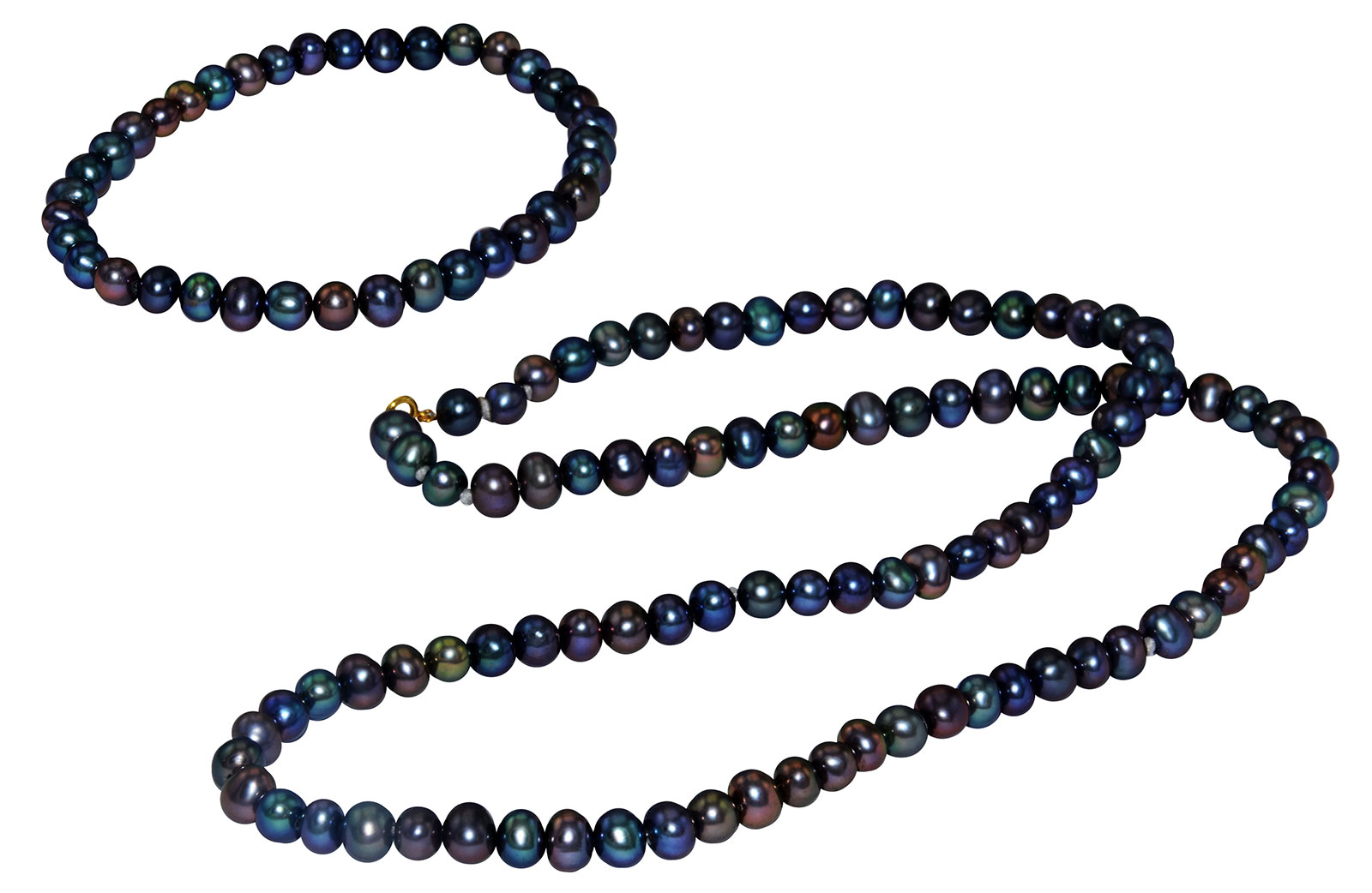 Vera Perla 10K Gold 4-5mm Black Pearl Strand Necklace & Elastic Bracelet 