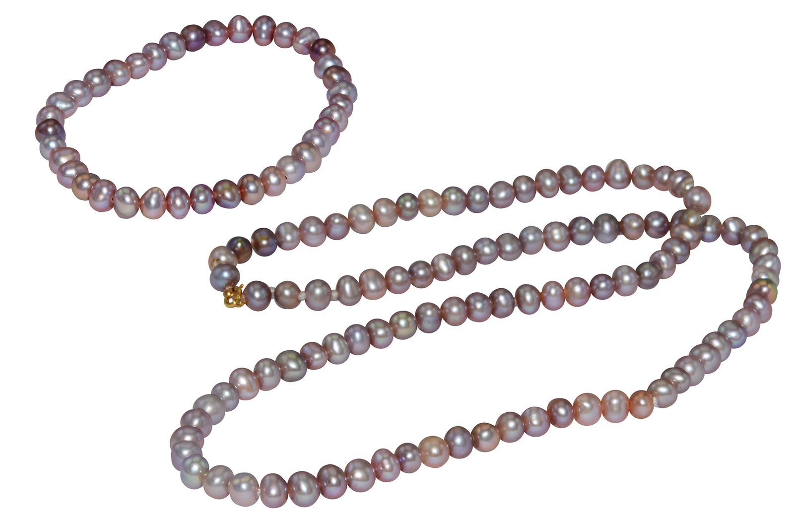 Vera Perla 10K Gold 4-5mm Purple Pearl Strand Necklace & Elastic Bracelet 