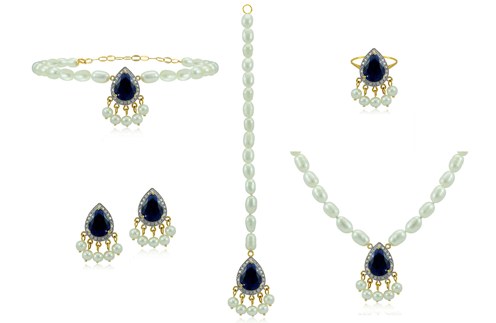 Vera Perla 18K Gold 0.72ct Diamonds, Royal Indian Sapphire 5 pcs set