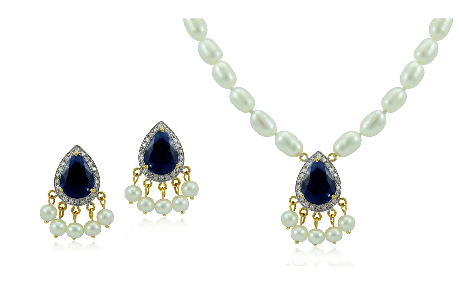 Vera Perla 18K Gold 0.36ct Diamonds, Royal Indian Sapphire 2 pcs set