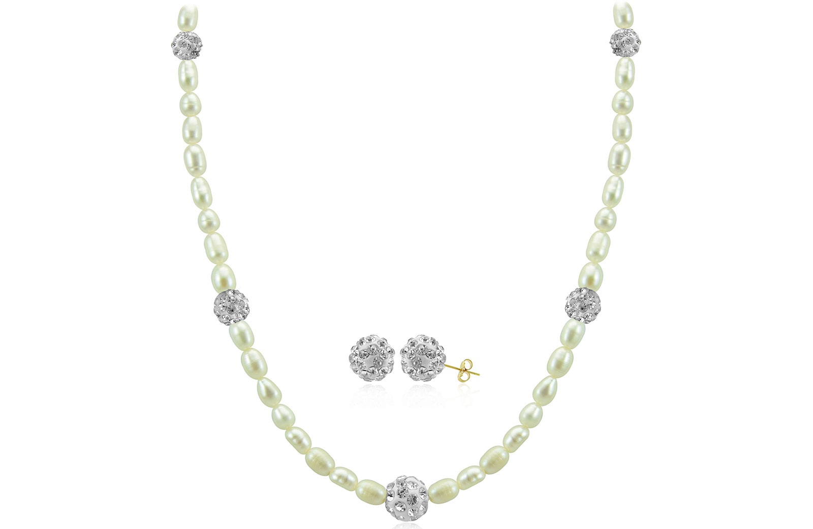 Vera Perla 10K Gold Built-in Gradual Crystal Ball & Pearls Strand 2 pc Set