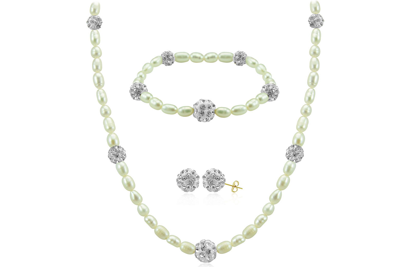 Vera Perla 18K  Built-in Gradual Crystal Balls & Pearls Strand 3 pc Set