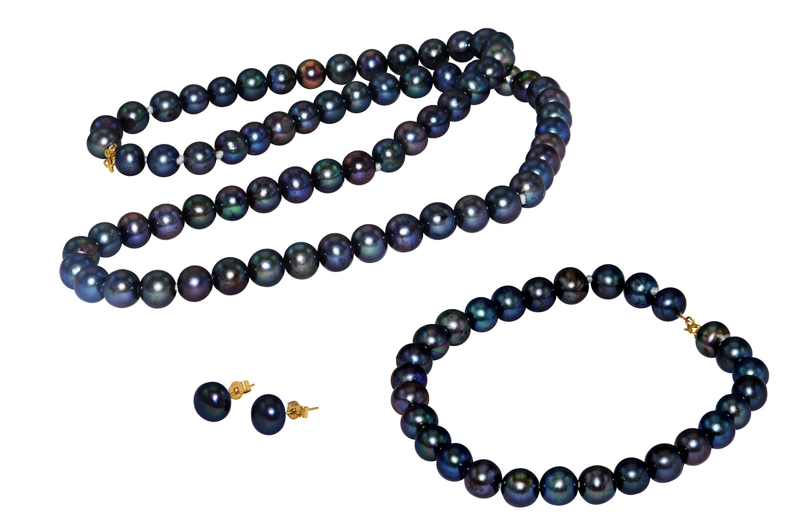 Vera Perla 18K Gold  6-7mm Black Pearl Strand Jewelry Set