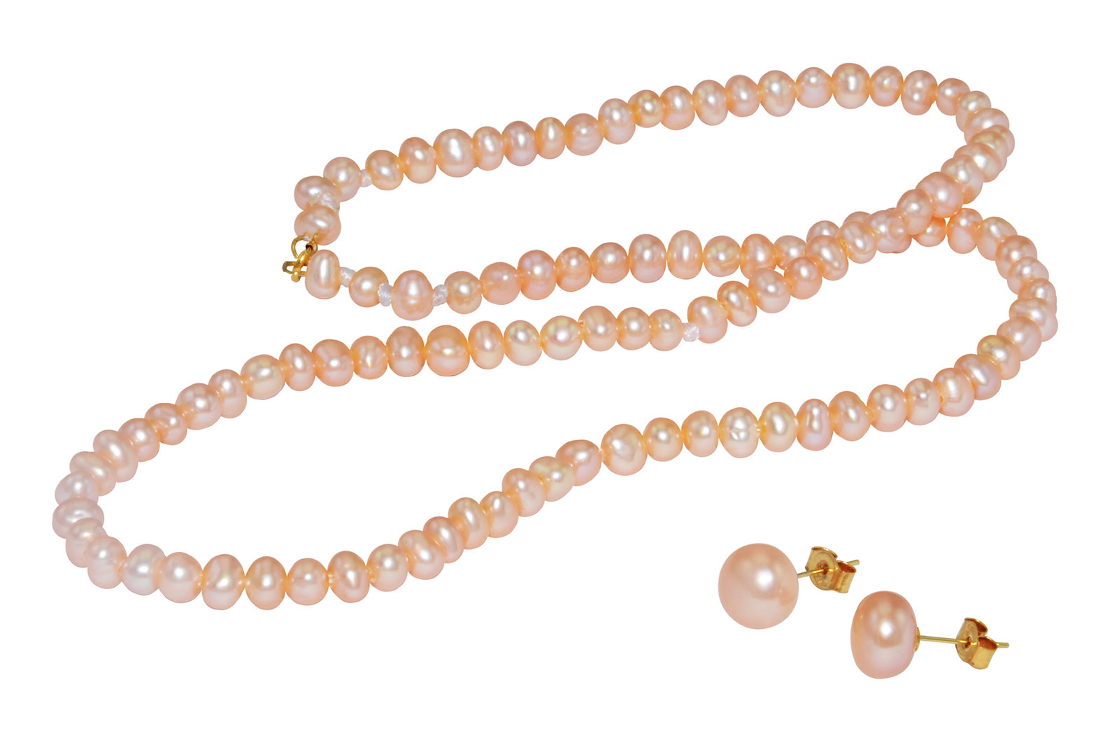 Vera Perla 18K Gold  3mm Pink Pearl Strand Necklace & 7mm Earrings