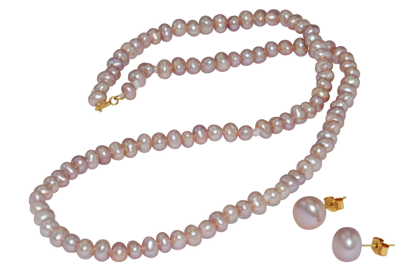 Vera Perla 18K Gold  3mm Purple Pearl Strand Necklace & 7mm Earrings