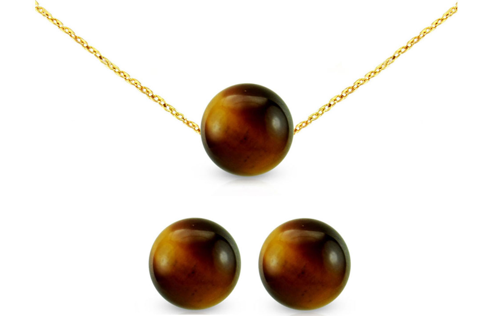 Vera Perla 18k Gold Simple 7mm Tiger Eye 2 pcs Jewelry Set