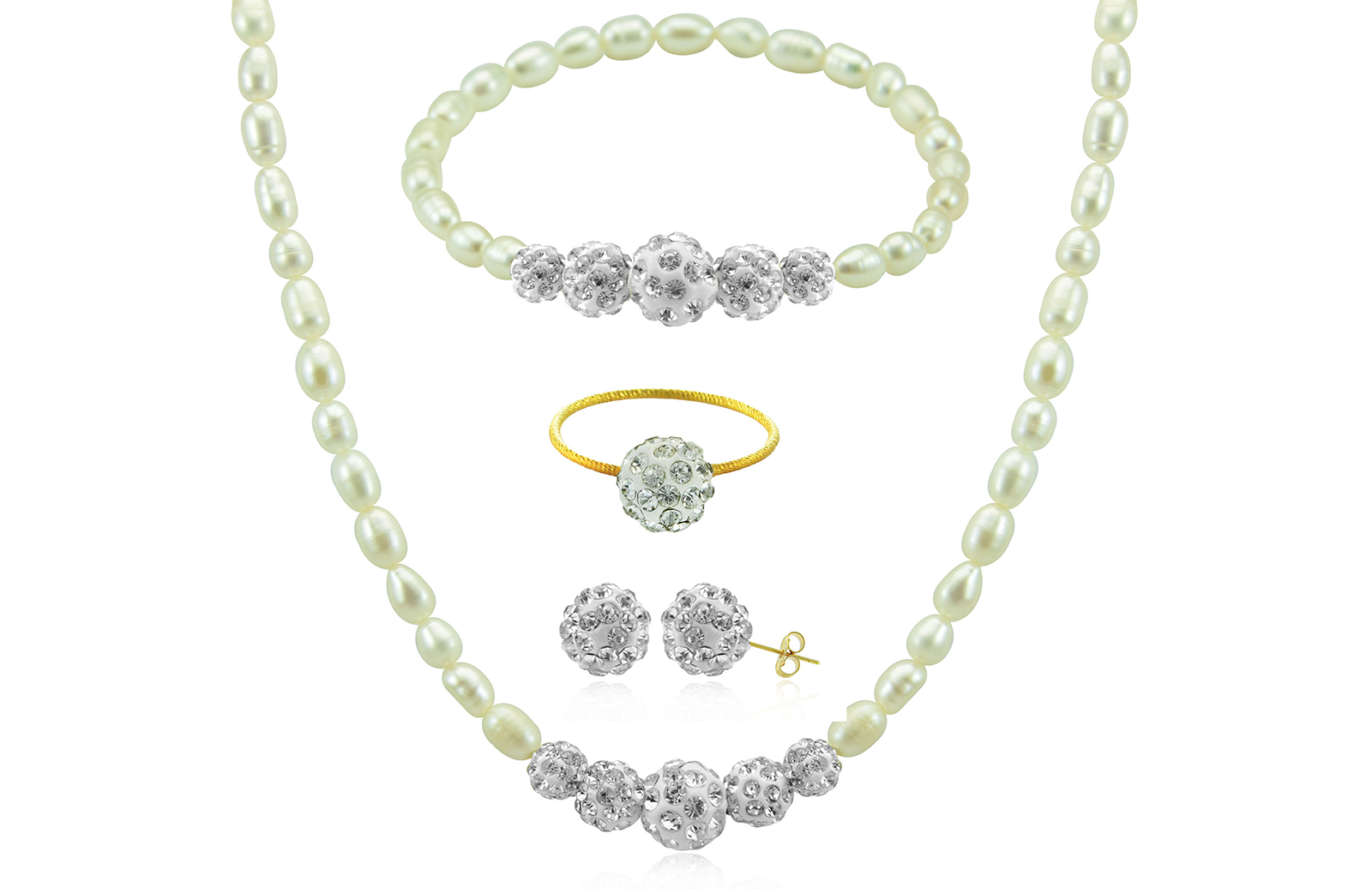 Vera Perla 10K Gold Gradual Crystal Balls & Pearls Strand 4 pcs. Jewelry Set