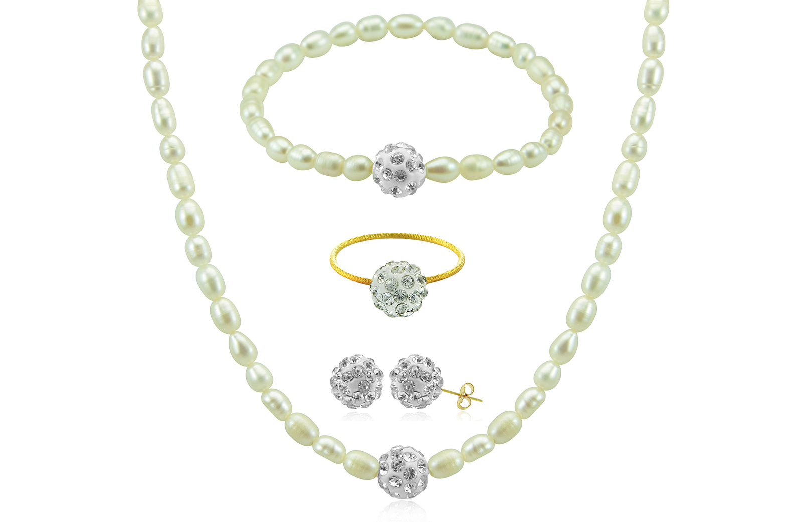 Vera Perla 10K Gold Crystal Balls & Pearls Strand 4 pcs. Jewelry Set