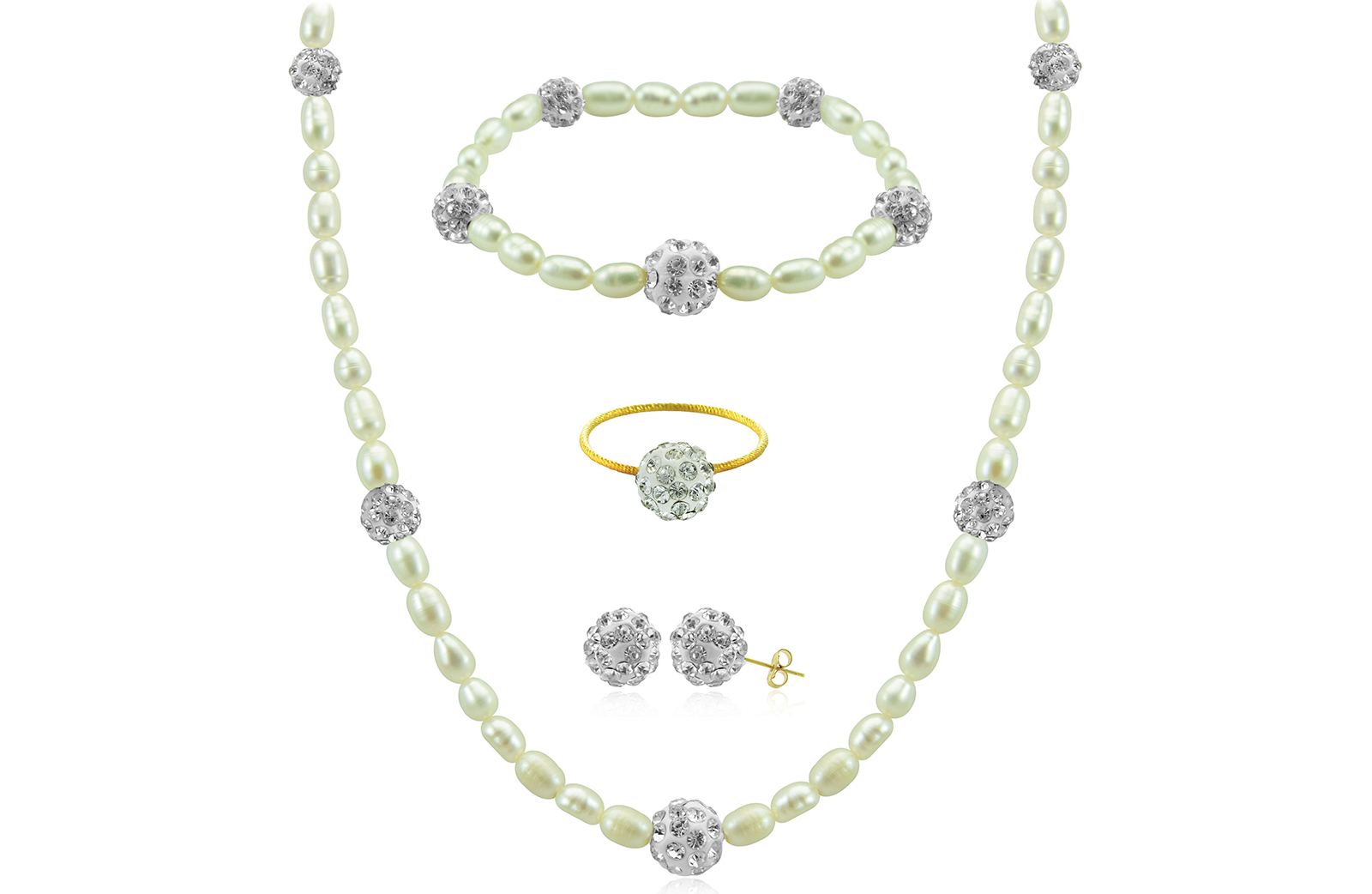 Vera Perla 10K Gold Gradual Built-in Crystal Balls & Pearls Strand 4 pcs. Jewelry Set