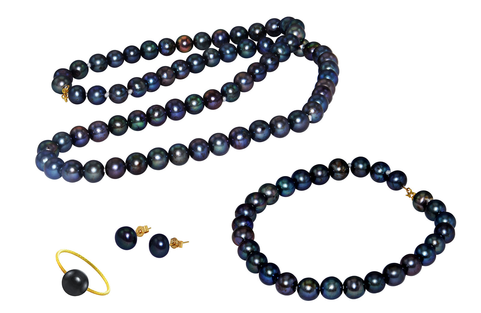 Vera Perla 18k Gold  6-7mm Black Pearl Strand Jewelry Set