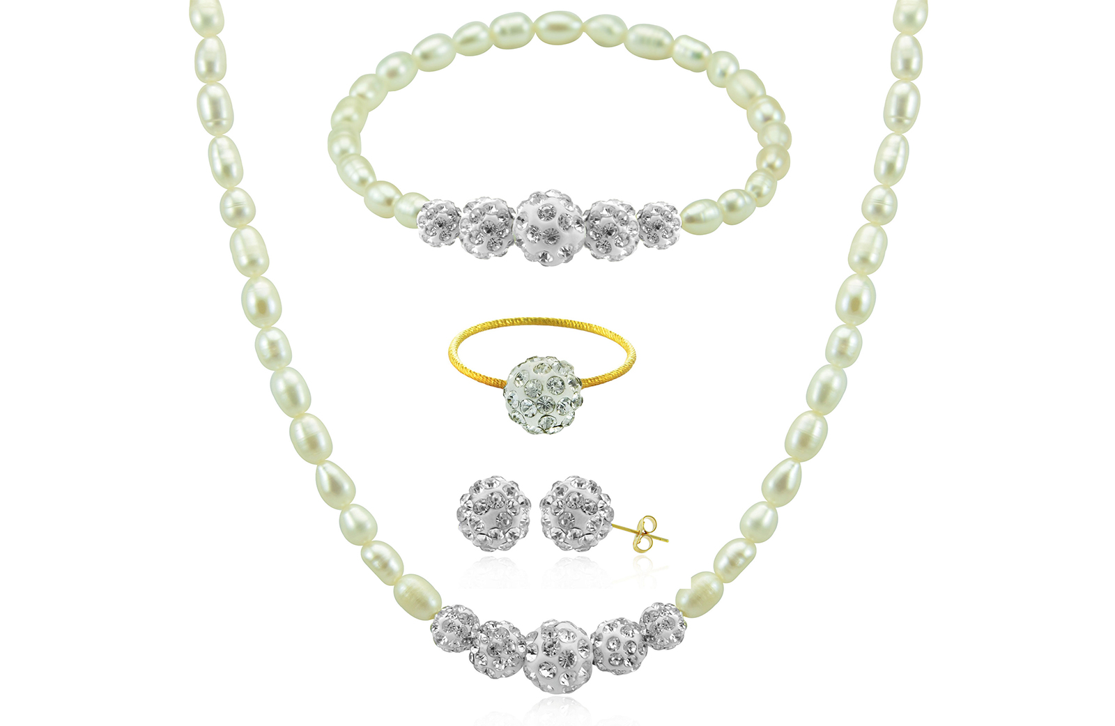 Vera Perla 18K Gold Gradual Crystal Balls & Pearls Strand 4 pcs. Jewelry Set