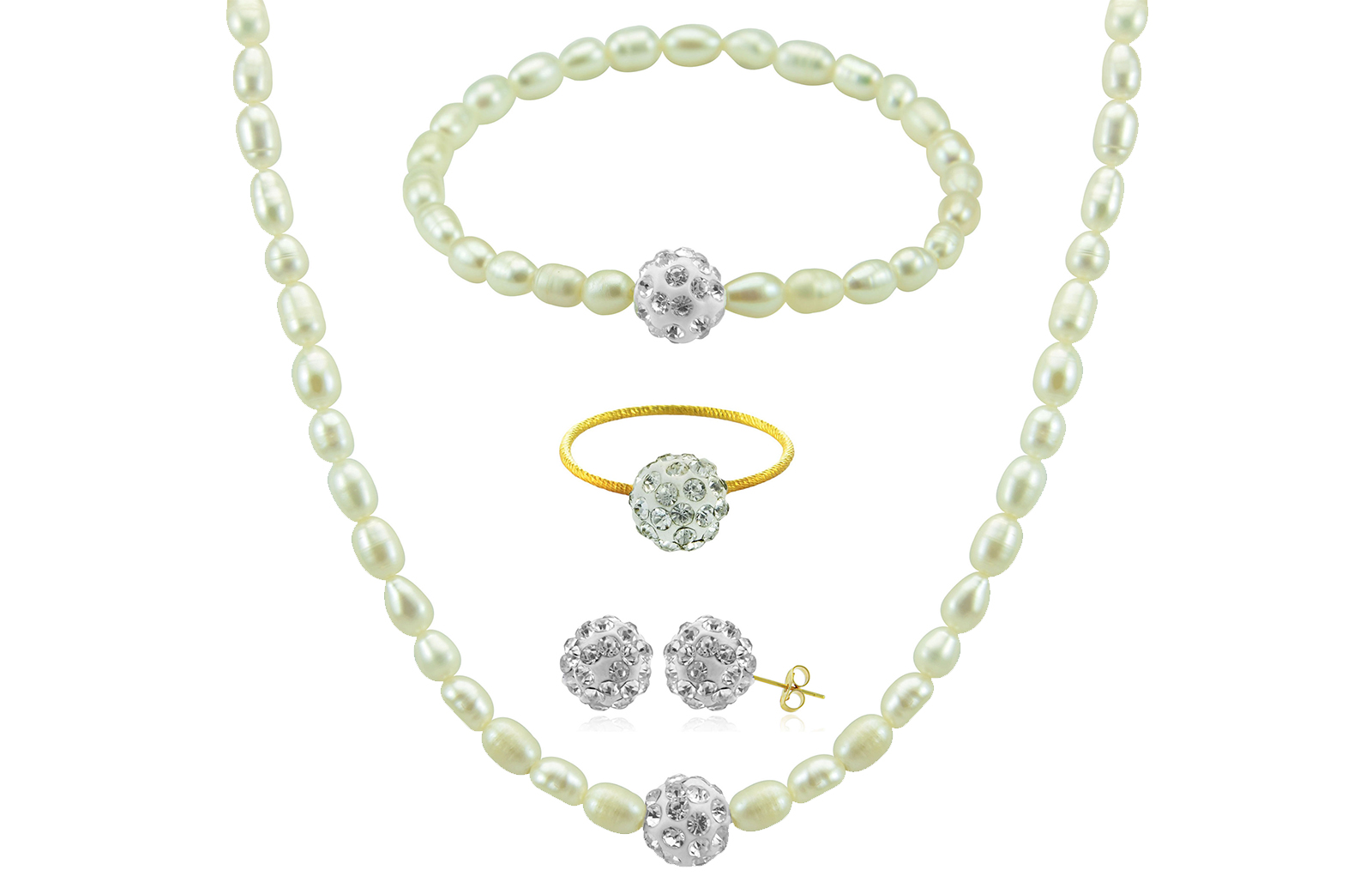 Vera Perla 18K  Gold Crystal Balls & Pearls Strand 4 pcs. Jewelry Set