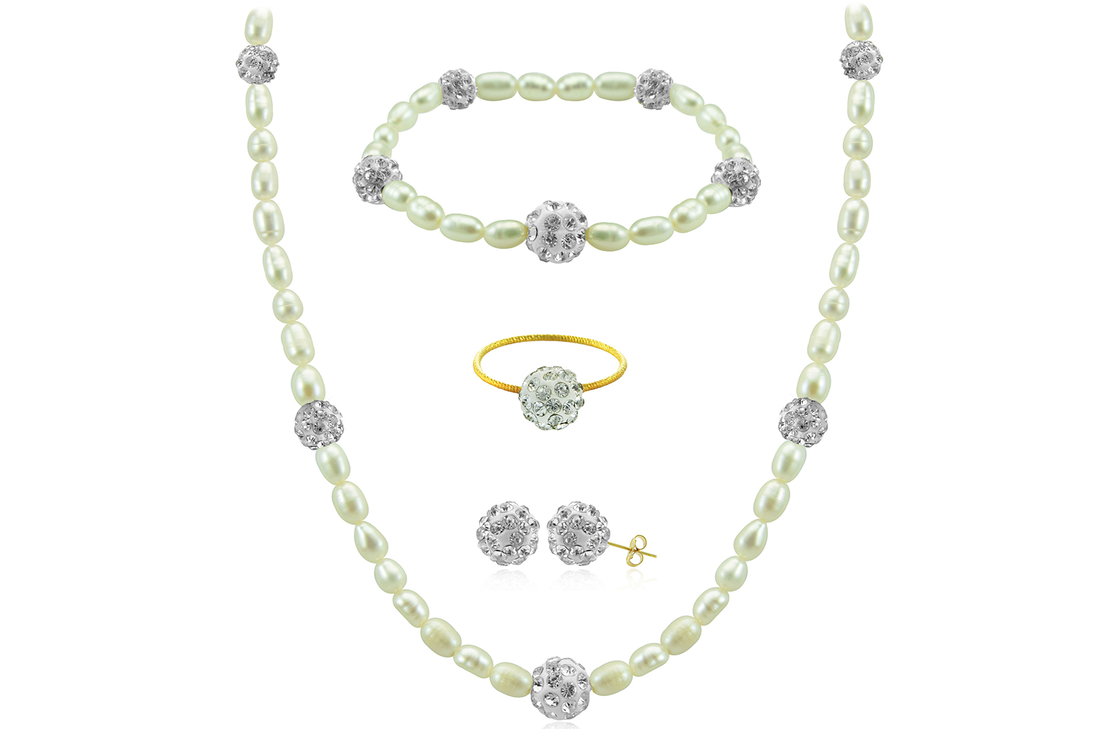 Vera Perla 18K Gold  Built-in Gradual Crystal Balls & Pearls Strand 4 pcs. Set