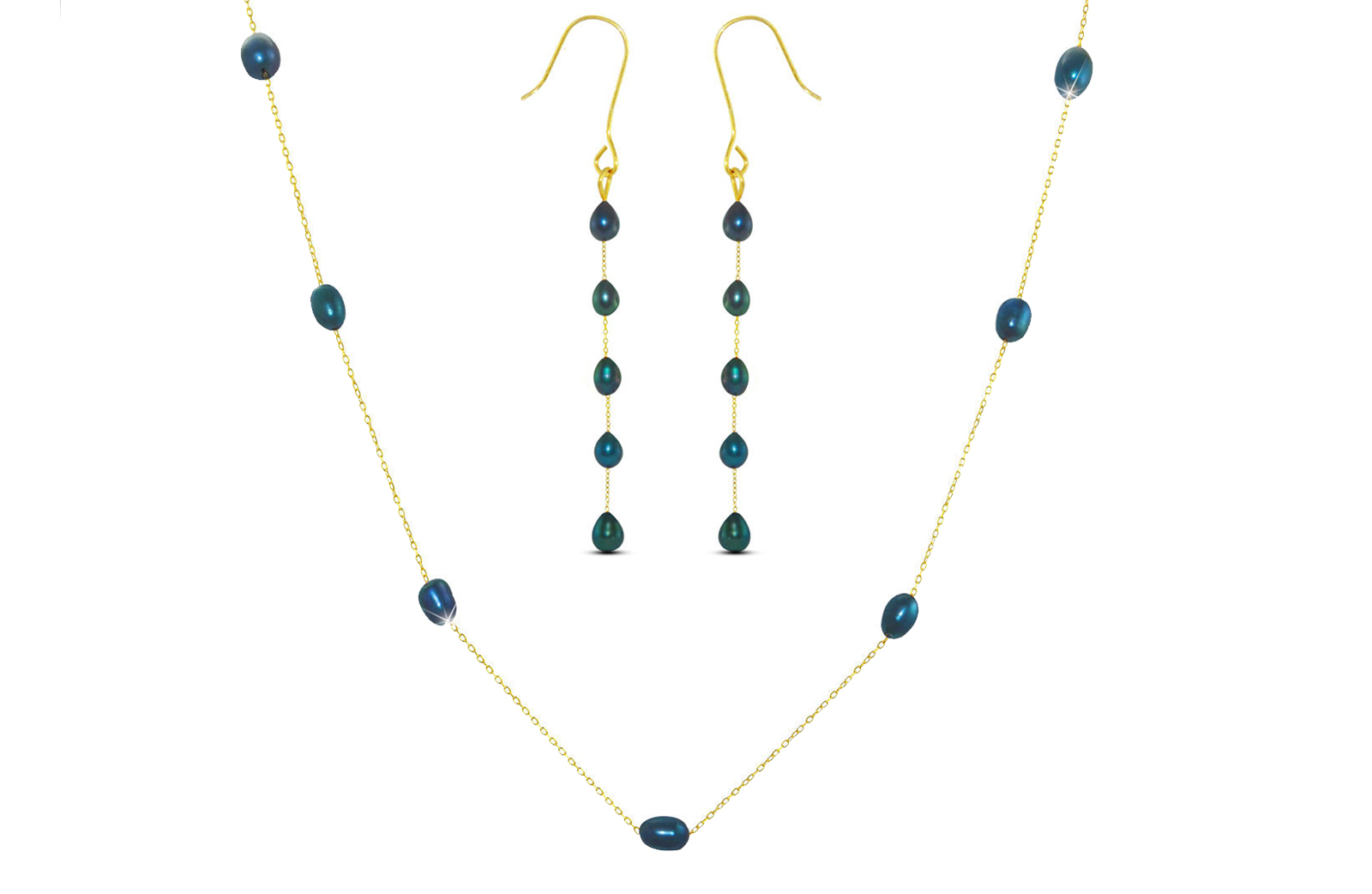 Vera Perla 10K Gold Black  Pearls Jewelry Set - 2 pcs.