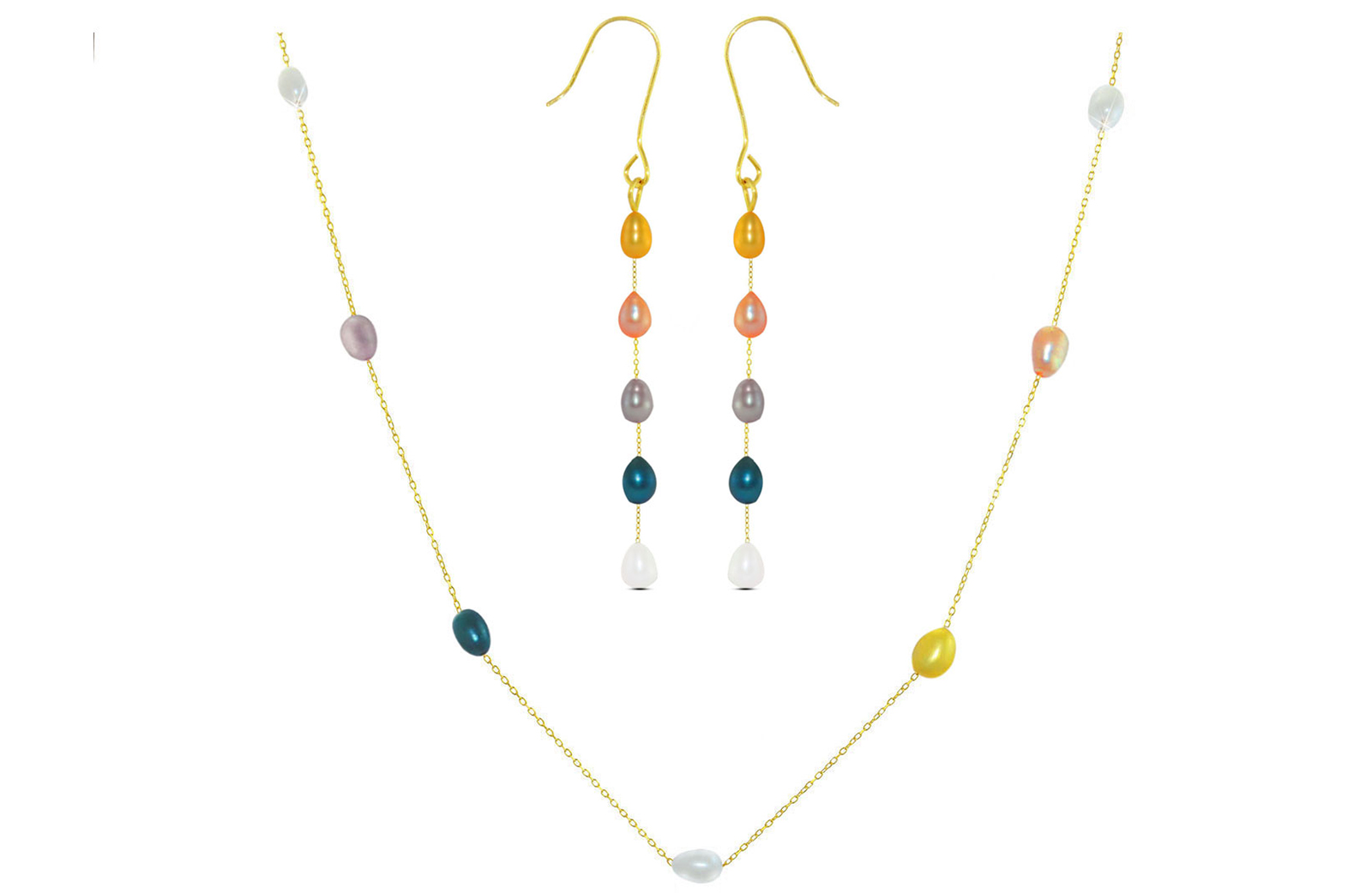 Vera Perla 10K Gold Multicolored  Pearls Jewelry Set - 2 pcs.